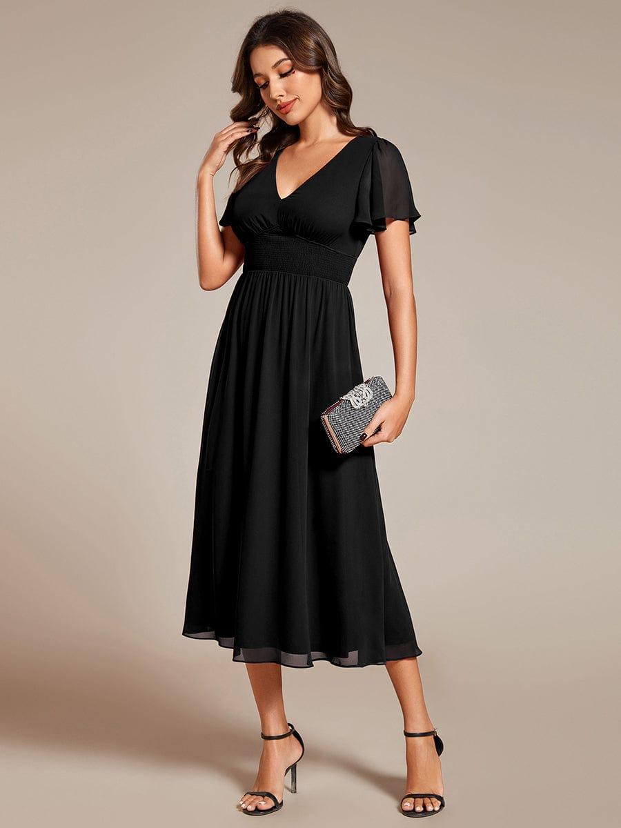 Elegant V-Neck Ruffle Sleeves Empire Waist Wedding Guest Dress in Chiffon #color_Black
