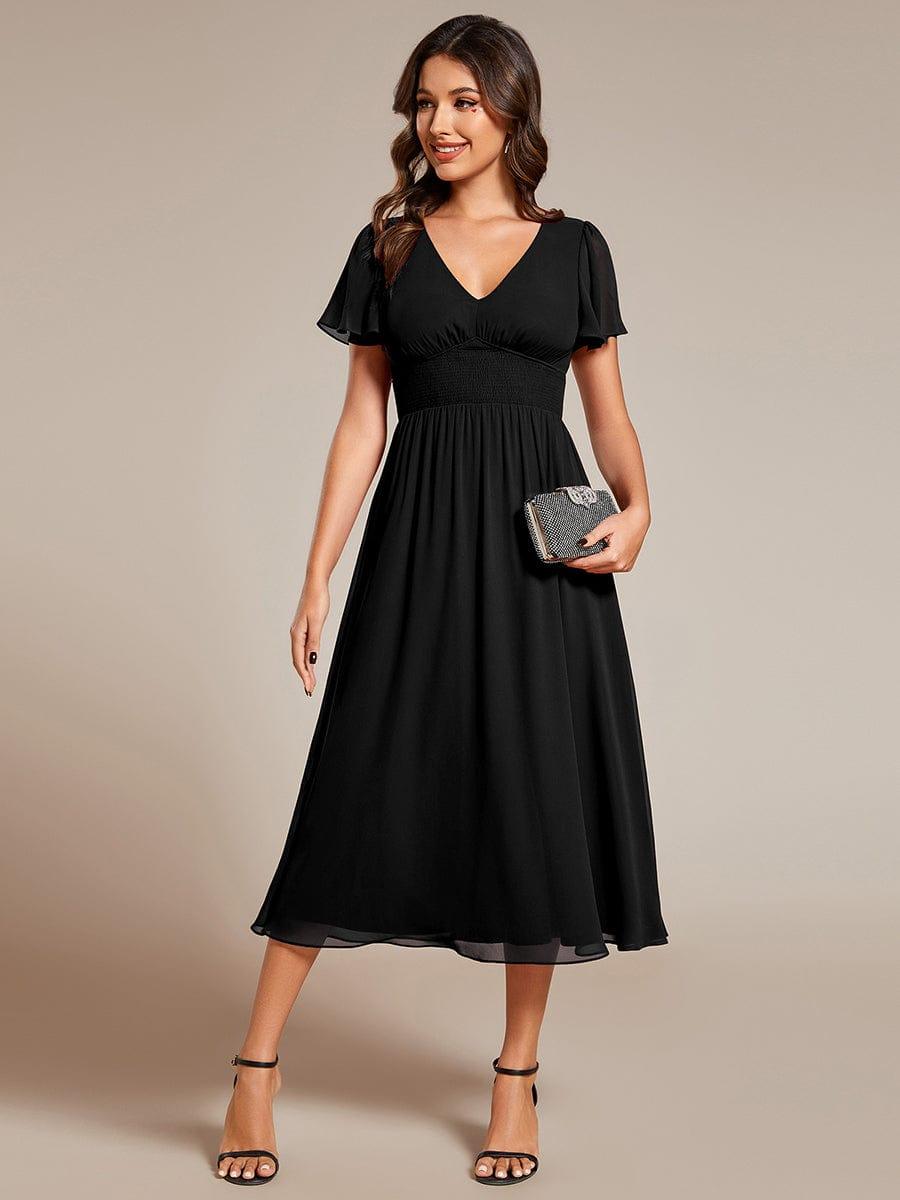 Elegant V-Neck Ruffle Sleeves Empire Waist Wedding Guest Dress in Chiffon #color_Black