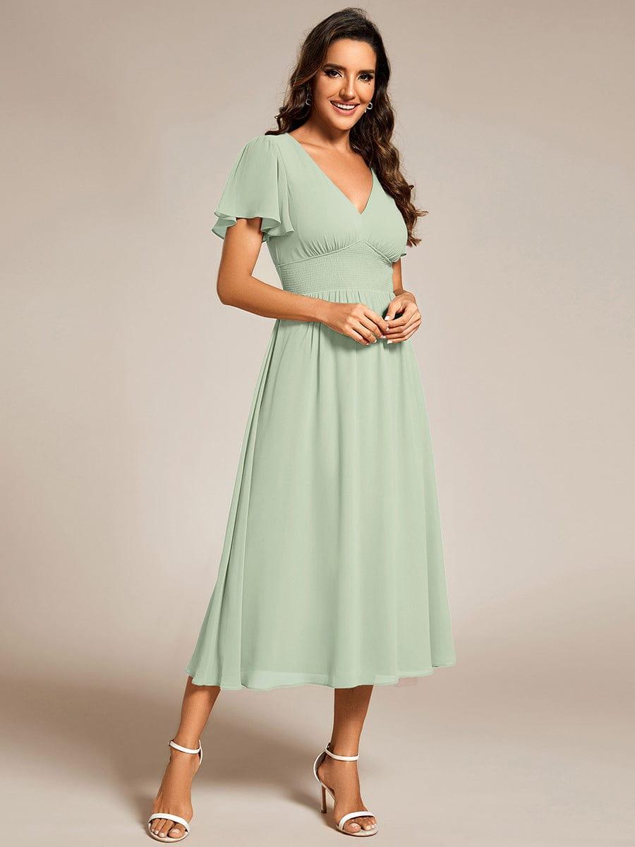 Elegant V-Neck Ruffle Sleeves Empire Waist Wedding Guest Dress in Chiffon #color_Mint Green