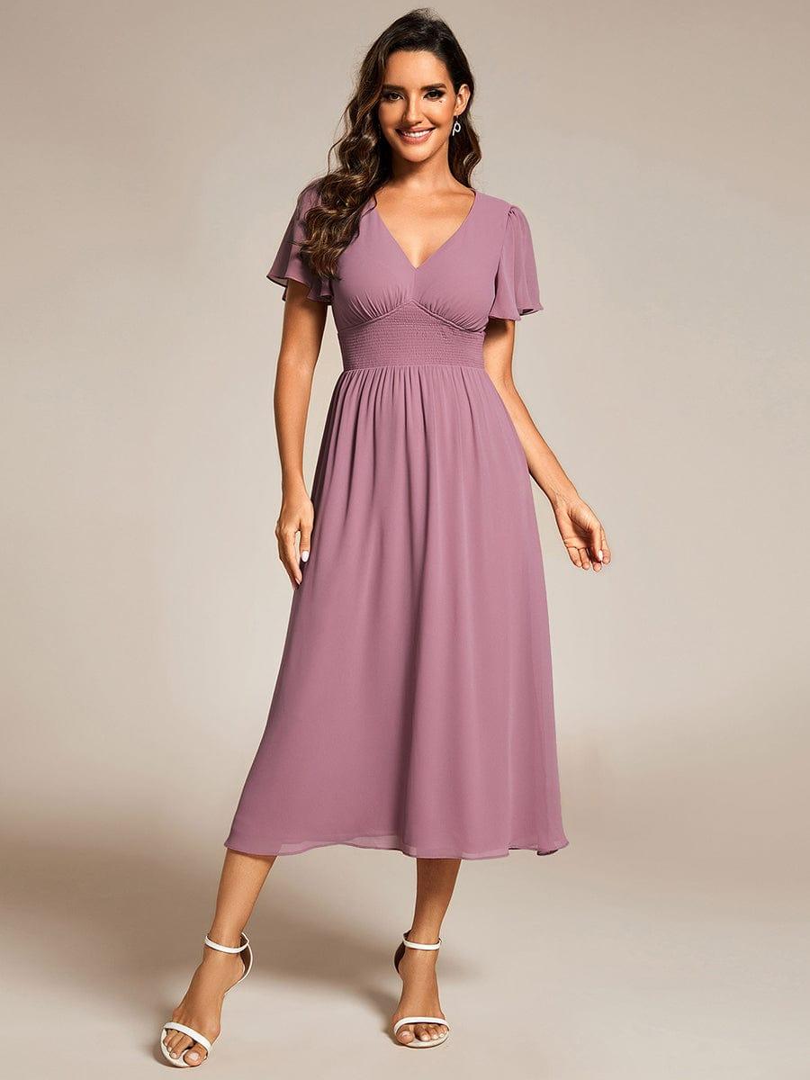 Elegant V-Neck Ruffle Sleeves Empire Waist Wedding Guest Dress in Chiffon #color_Purple Orchid