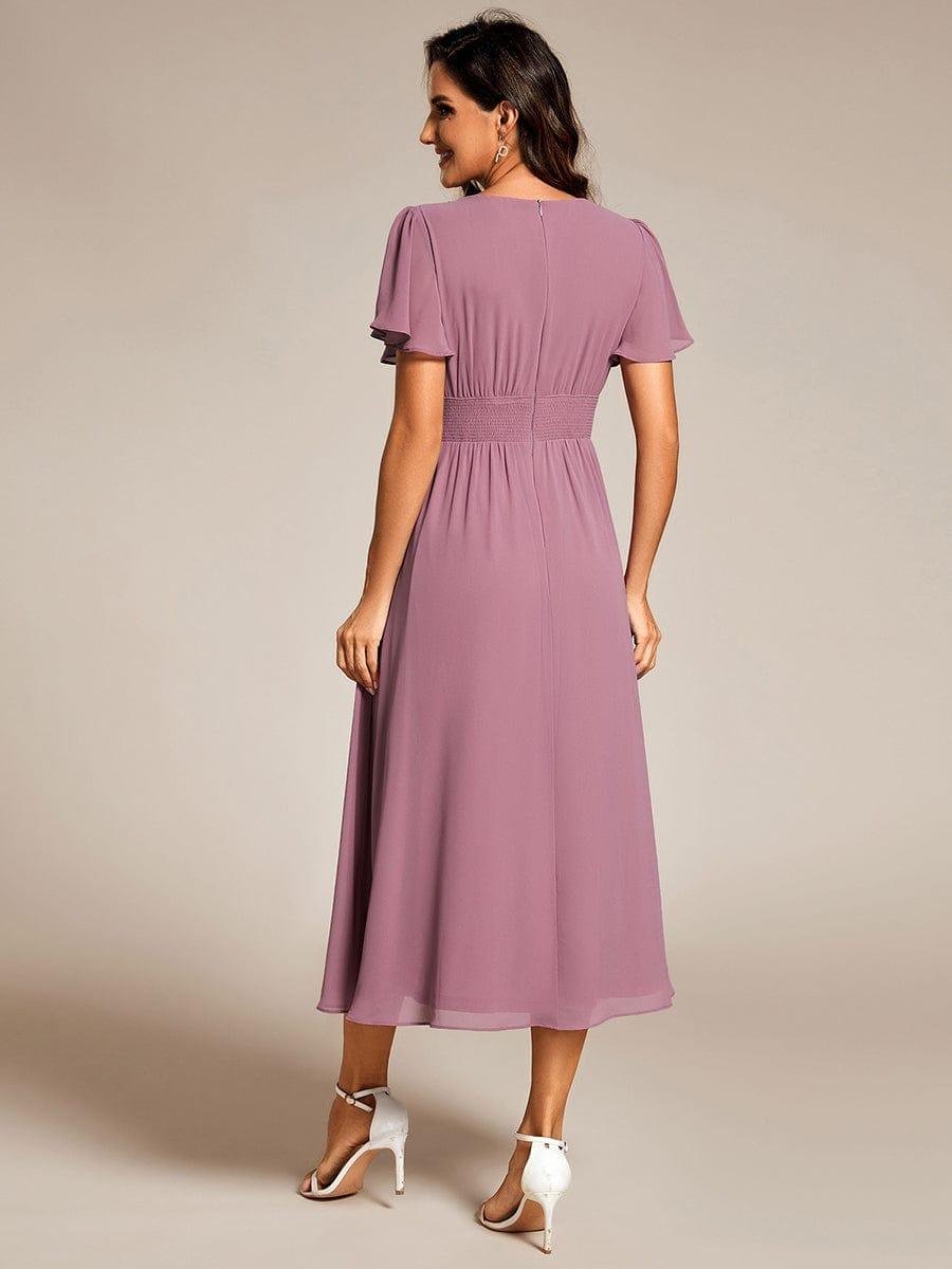 Elegant V-Neck Ruffle Sleeves Empire Waist Wedding Guest Dress in Chiffon #color_Purple Orchid