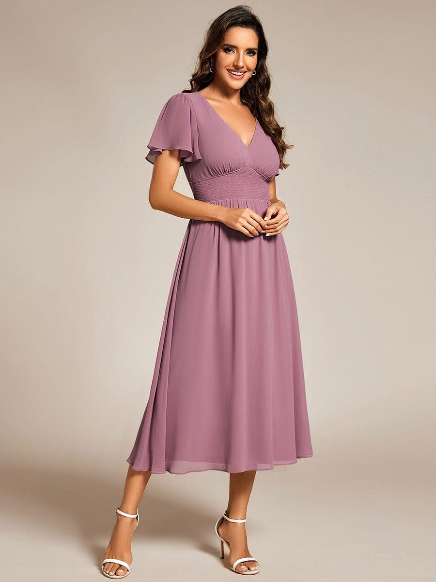 Elegant V-Neck Ruffle Sleeves Empire Waist Wedding Guest Dress in Chiffon #color_Purple Orchid