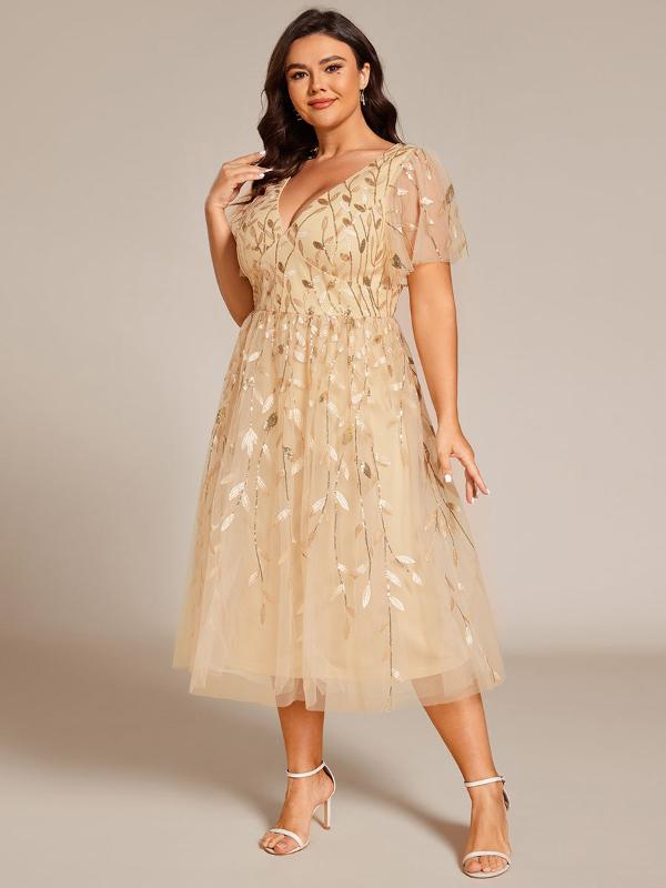 ever SIMONE|Short Sleeves Leaf Sequin A-Line Midi Formal Wedding Guest Dress