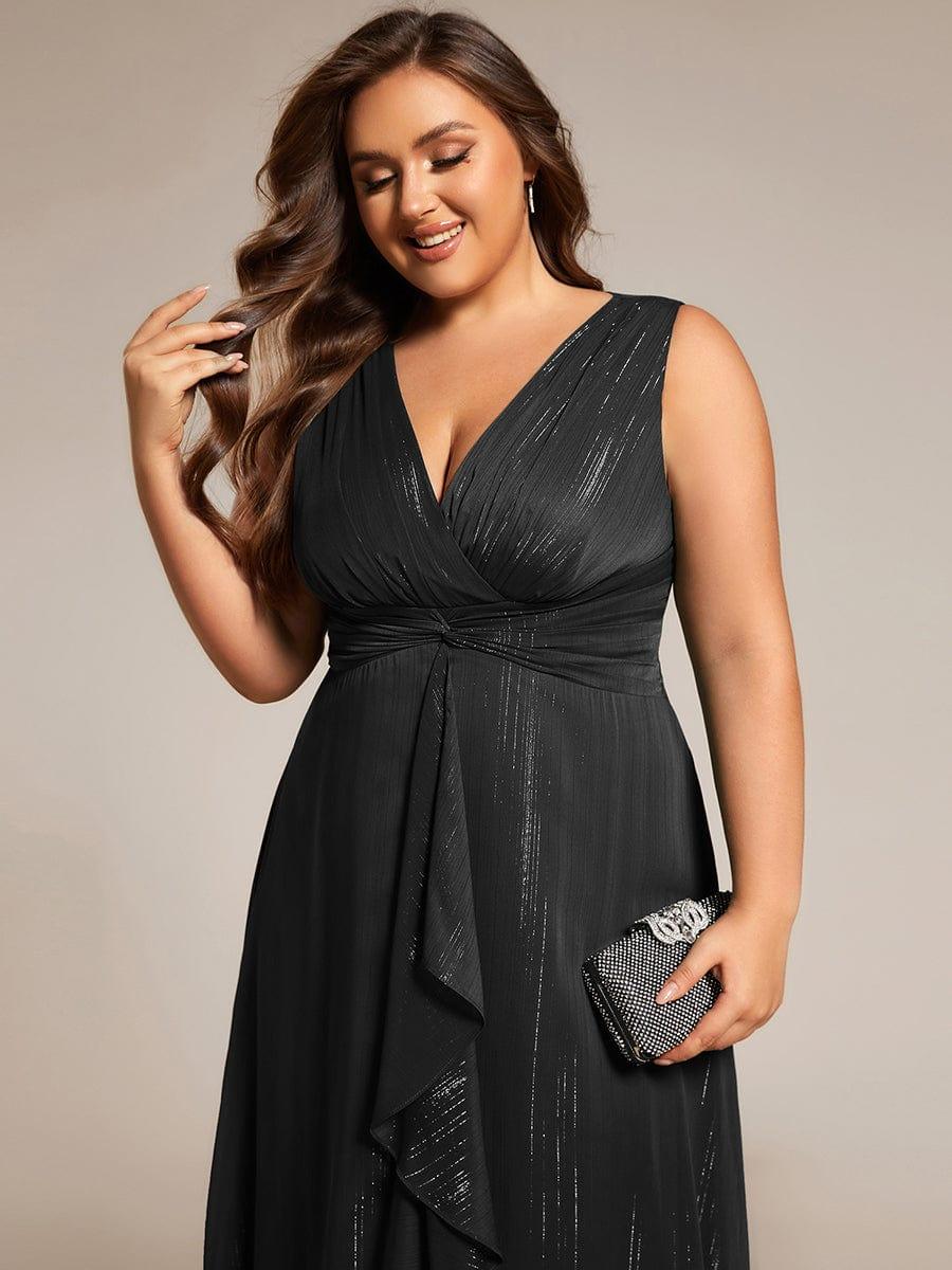 Glitter Sleeveless A-Line Midi Wedding Guest Dress with Ruffled Hem #color_Black