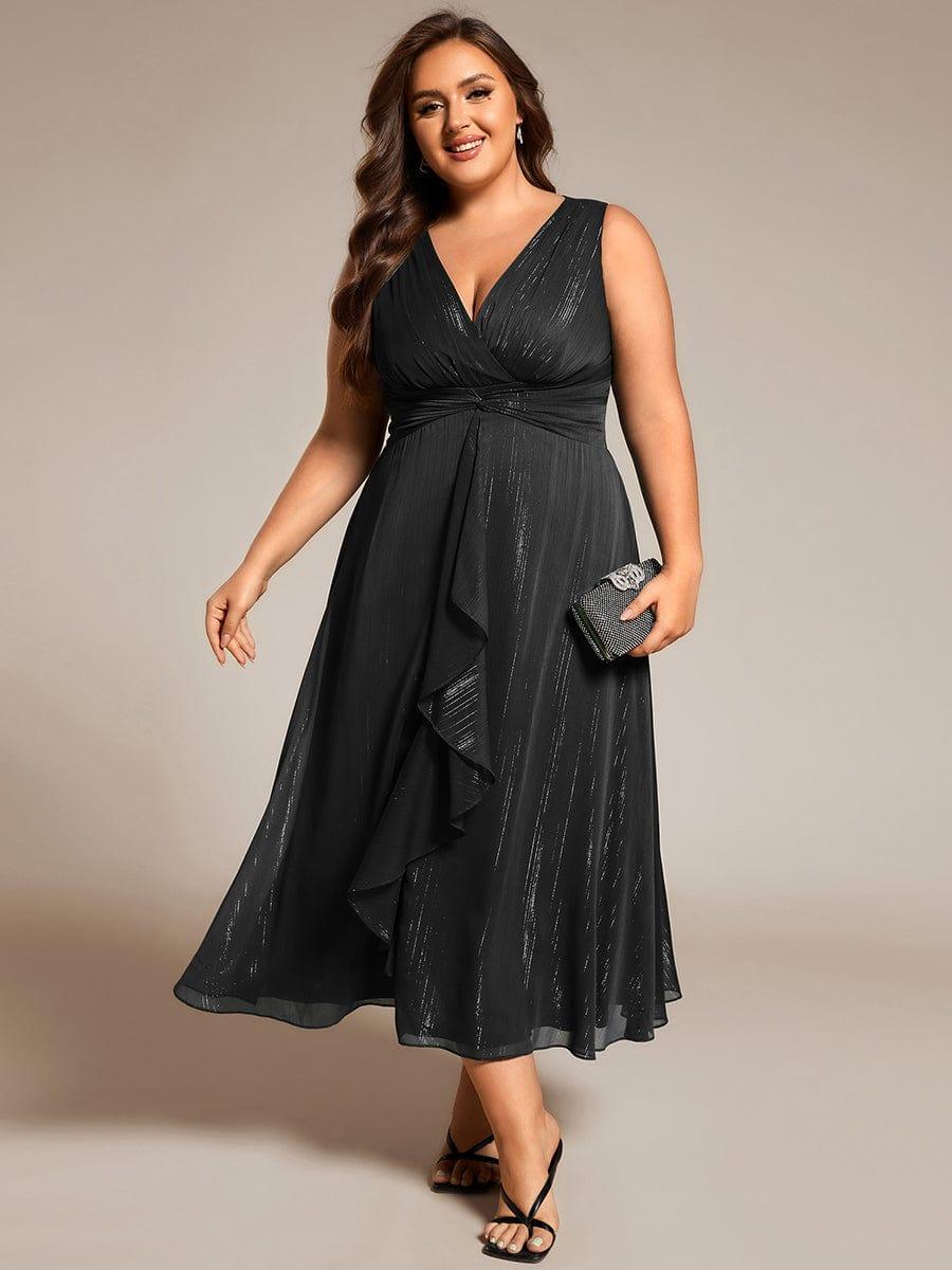Glitter Sleeveless A-Line Midi Wedding Guest Dress with Ruffled Hem #color_Black