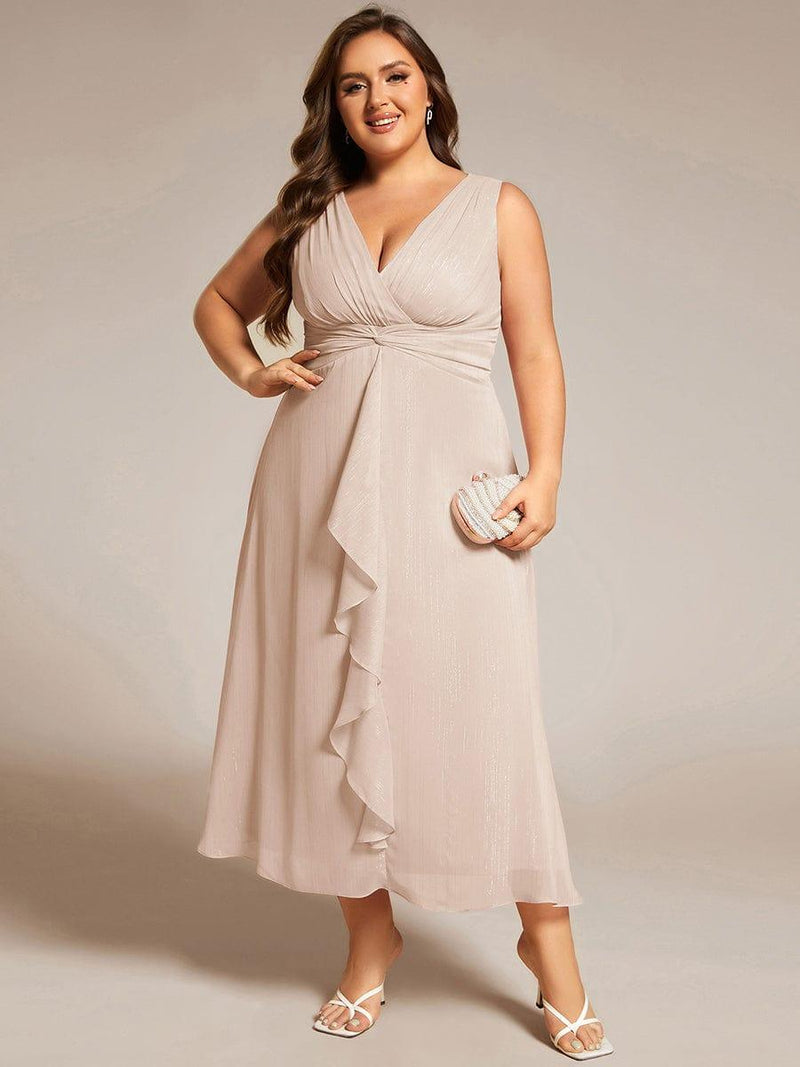 Midi Sleeveless V-Neck A-Line Wedding Guest Dress with Delicate Ruffled