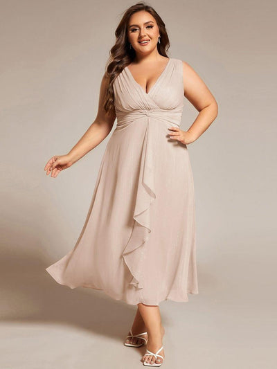 Plus Size Sleeveless Glittery Ruffled V-Neck Midi Wedding Guest Dress #color_Champagne