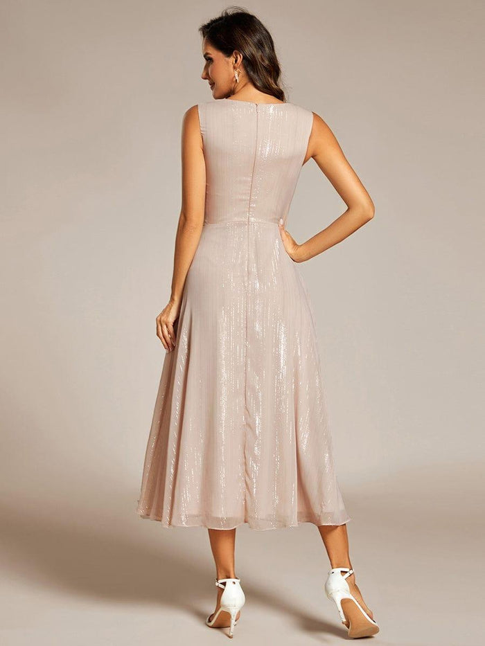 Midi Sleeveless V-Neck A-Line Wedding Guest Dress with Delicate Ruffled