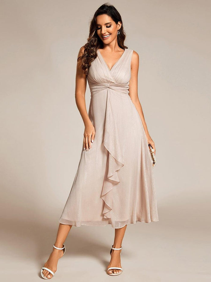 Midi Sleeveless V-Neck A-Line Wedding Guest Dress with Delicate Ruffled
