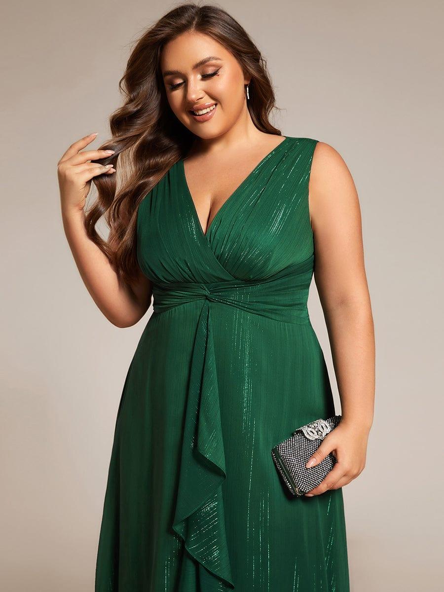 Glitter Sleeveless A-Line Midi Wedding Guest Dress with Ruffled Hem #color_Dark Green