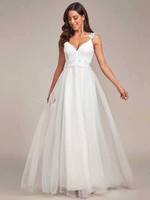 Double V Neck Lace Bodice Open Back Tulle Wedding Dress - Ever-Pretty US