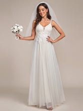 Tulle Floral Spaghetti Strap Illusion V-Neck A-Line Wedding Dress #color_Ivory