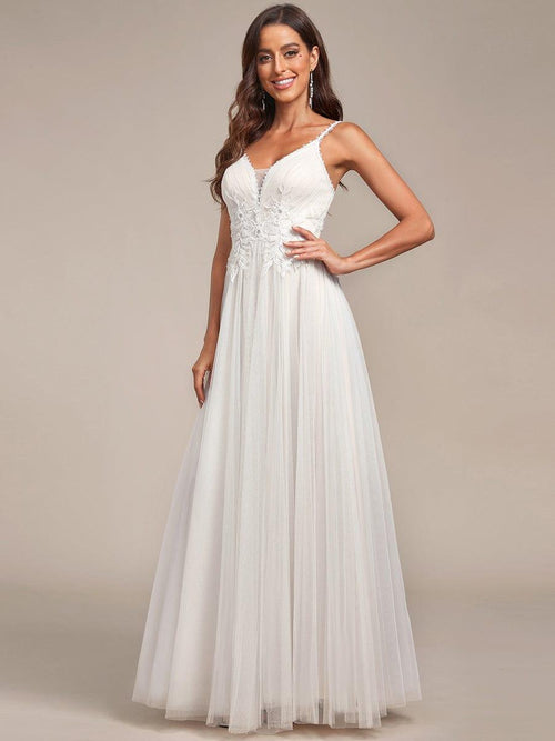 A-line Spaghetti Straps Vintage Tulle Modest Beach Wedding Dresses with Applique UQW0024 main image 1