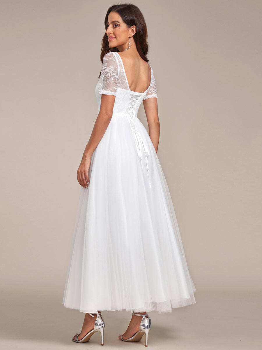 Short Sleeve Corset Lace-Up A-Line Wedding Dress #Color_White