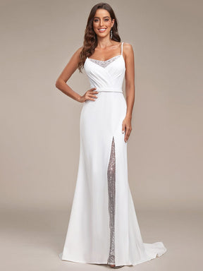 V-Neck Spaghetti Strap Lace A-Line Front Slit Wedding Dress