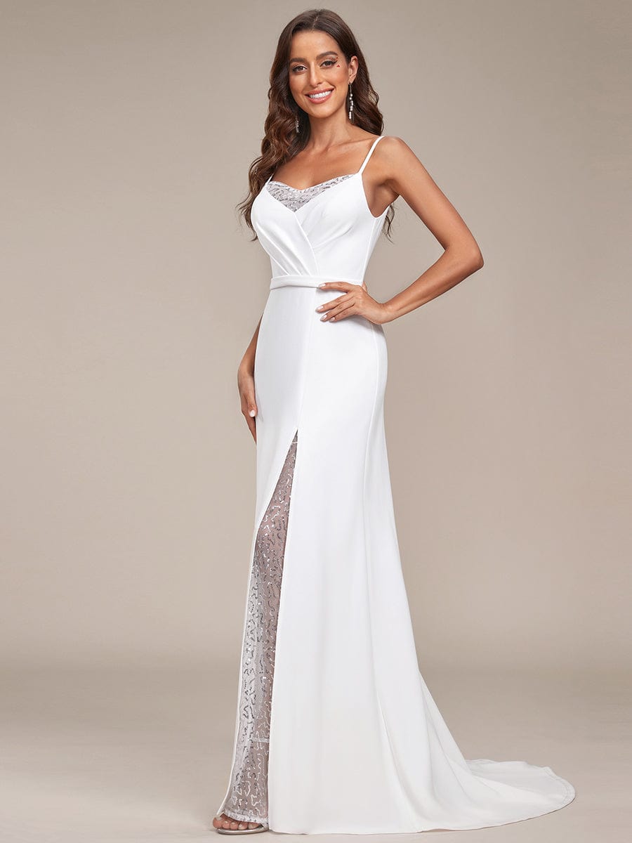V-Neck Spaghetti Strap Lace A-Line Front Slit Wedding Dress
