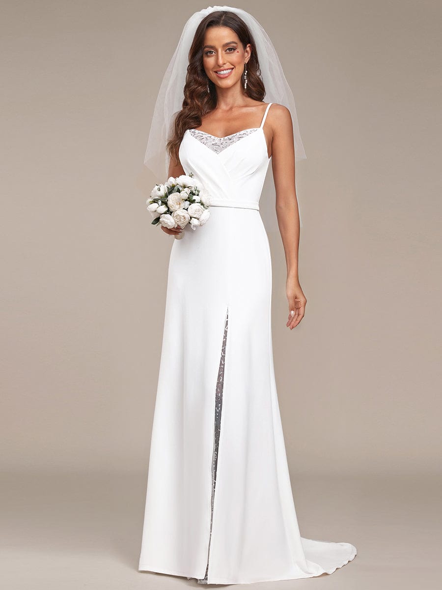 V-Neck Spaghetti Strap Lace A-Line Front Slit Wedding Dress