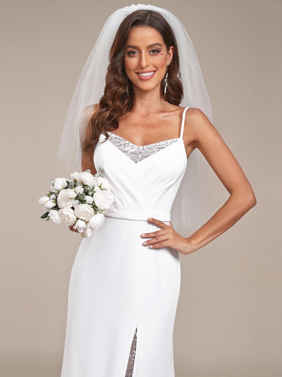 V-Neck Spaghetti Strap Lace A-Line Front Slit Wedding Dress