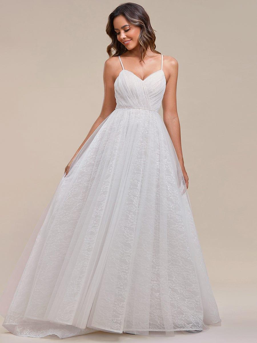 Spaghetti Strap Waist Pearl Sweetheart Collar Tulle Wedding Dress with Lace #color_Ivory