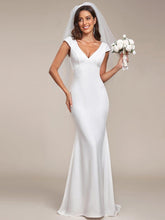 Cap Sleeve Deep V-Neck Backless Fishtail Wedding Dress #color_White