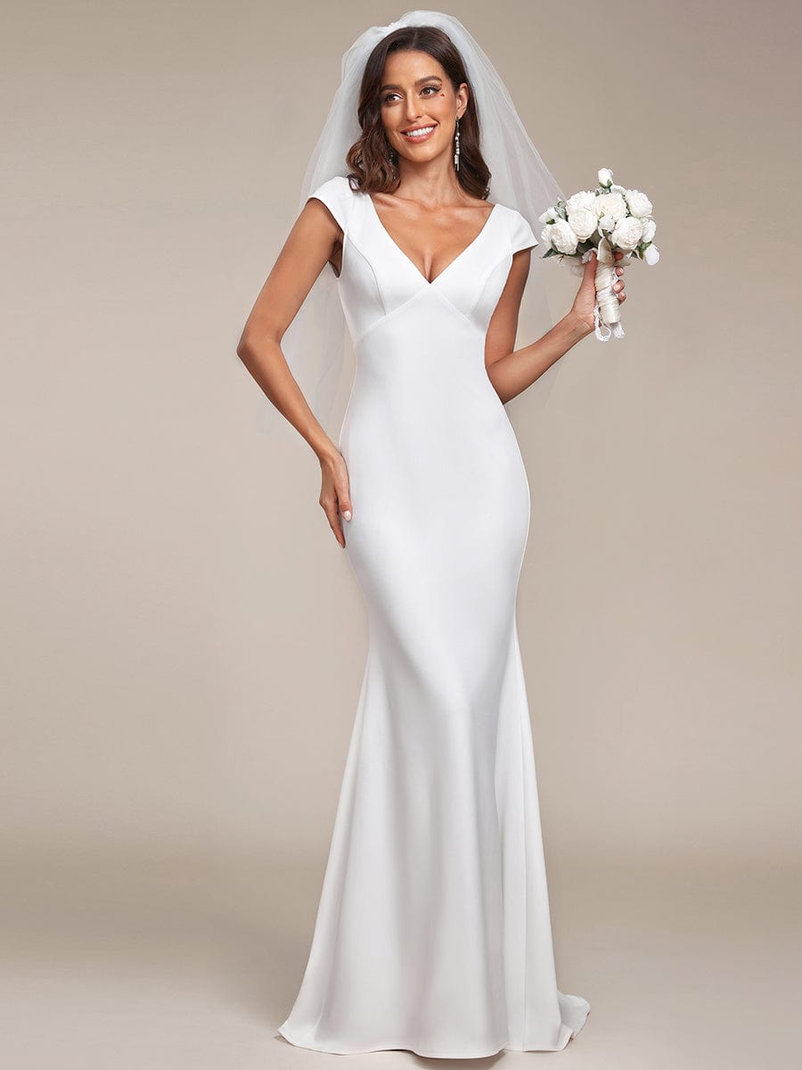 Cap Sleeve Deep V-Neck Backless Fishtail Wedding Dress #color_White