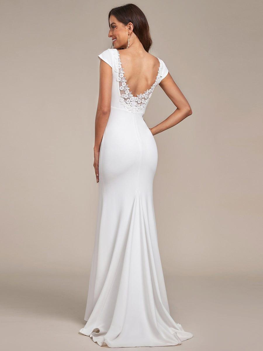 Cap Sleeve Deep V-Neck Backless Fishtail Wedding Dress #color_White