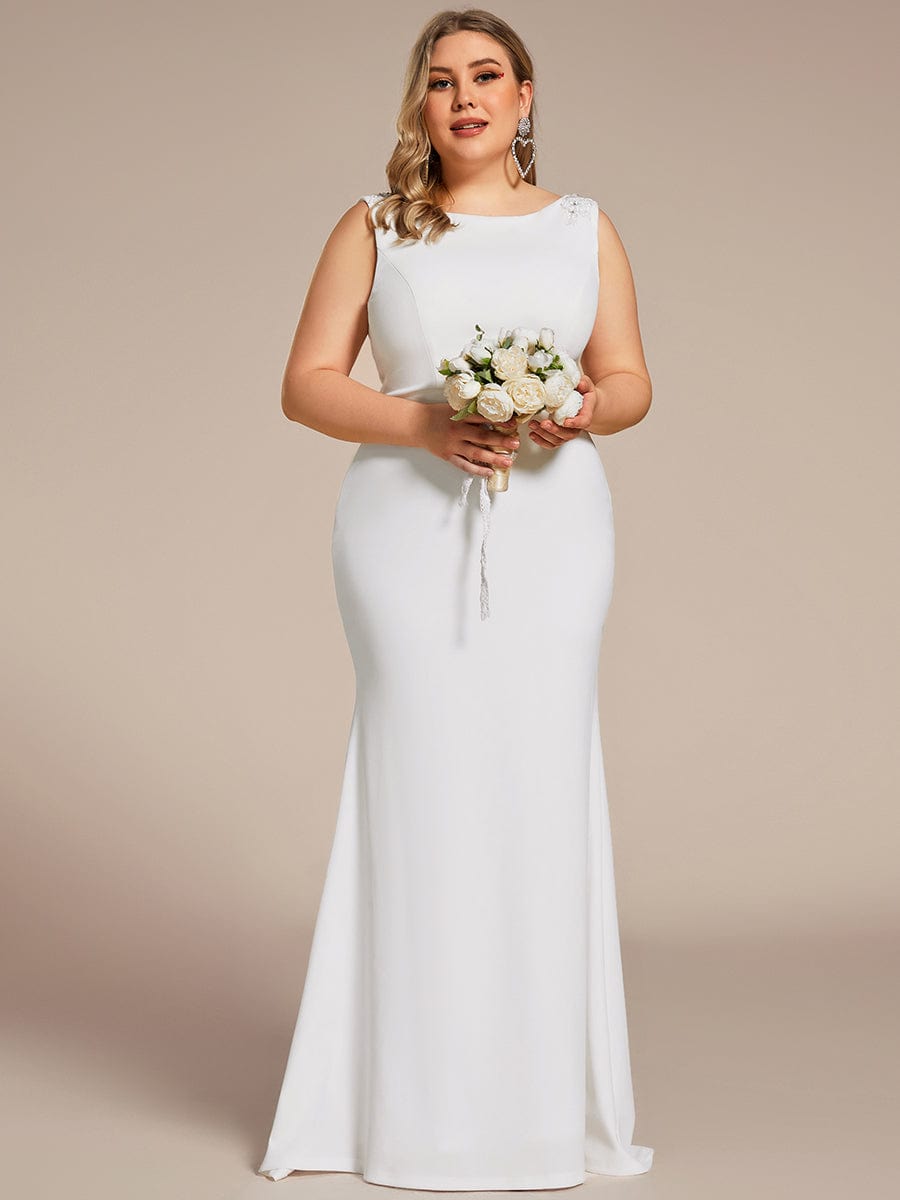 Plus Size Sleeveless Round Neck Bodycon Fishtail Wedding Dress #color_White