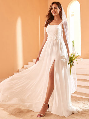 Minimalist Square Neckline High Slit Wedding Dress with Lace Applique