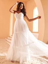 Spaghetti Strap Lace Embroidery A-Line Tulle Romantic Wedding Dress #color_White