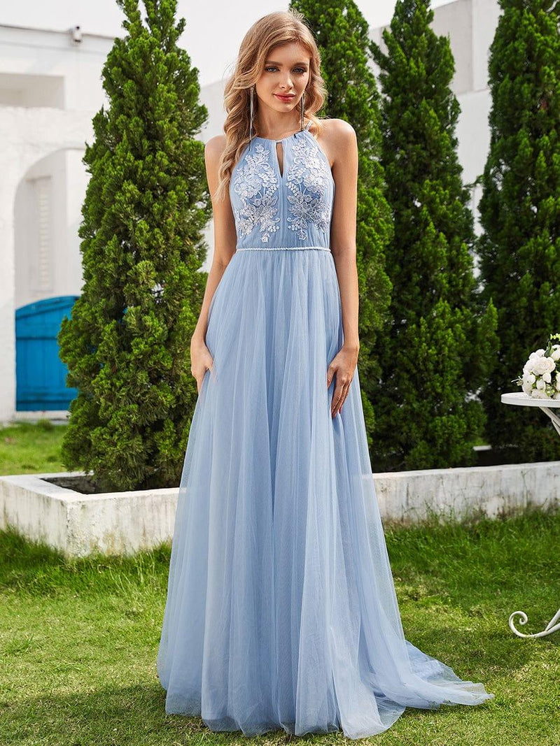 Halter Neck Applique Tulle Wedding Dress adorned with A-Line