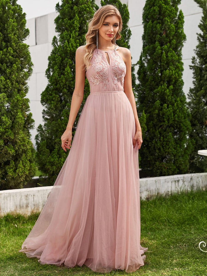 Glamorous A-Line Halter Neck Sleeveless Tulle Embroidered Floor-Length Prom Dress main image 1