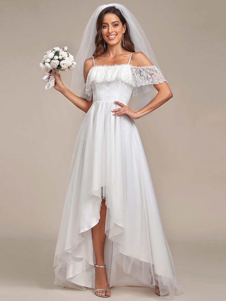 Cold Shoulder Lace High-Low Wedding Dress #color_Cream