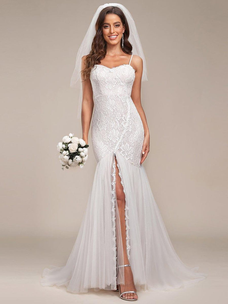 Spaghetti Strap Lace Backless Long Fishtail Wedding Dress - Ever-Pretty US