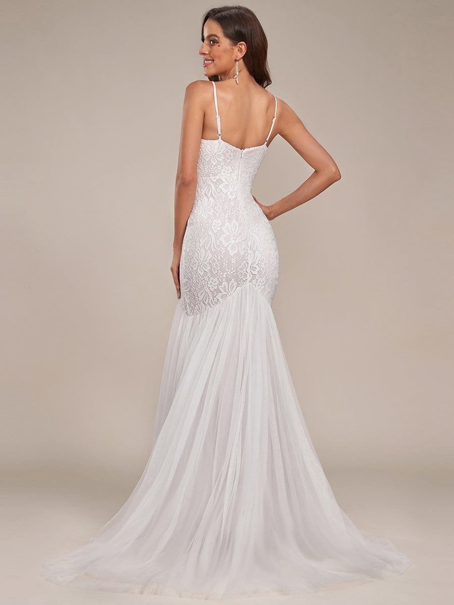 Custom Size Floral Spaghetti Strap Lace Backless Long Mermaid Wedding Dress #color_Cream