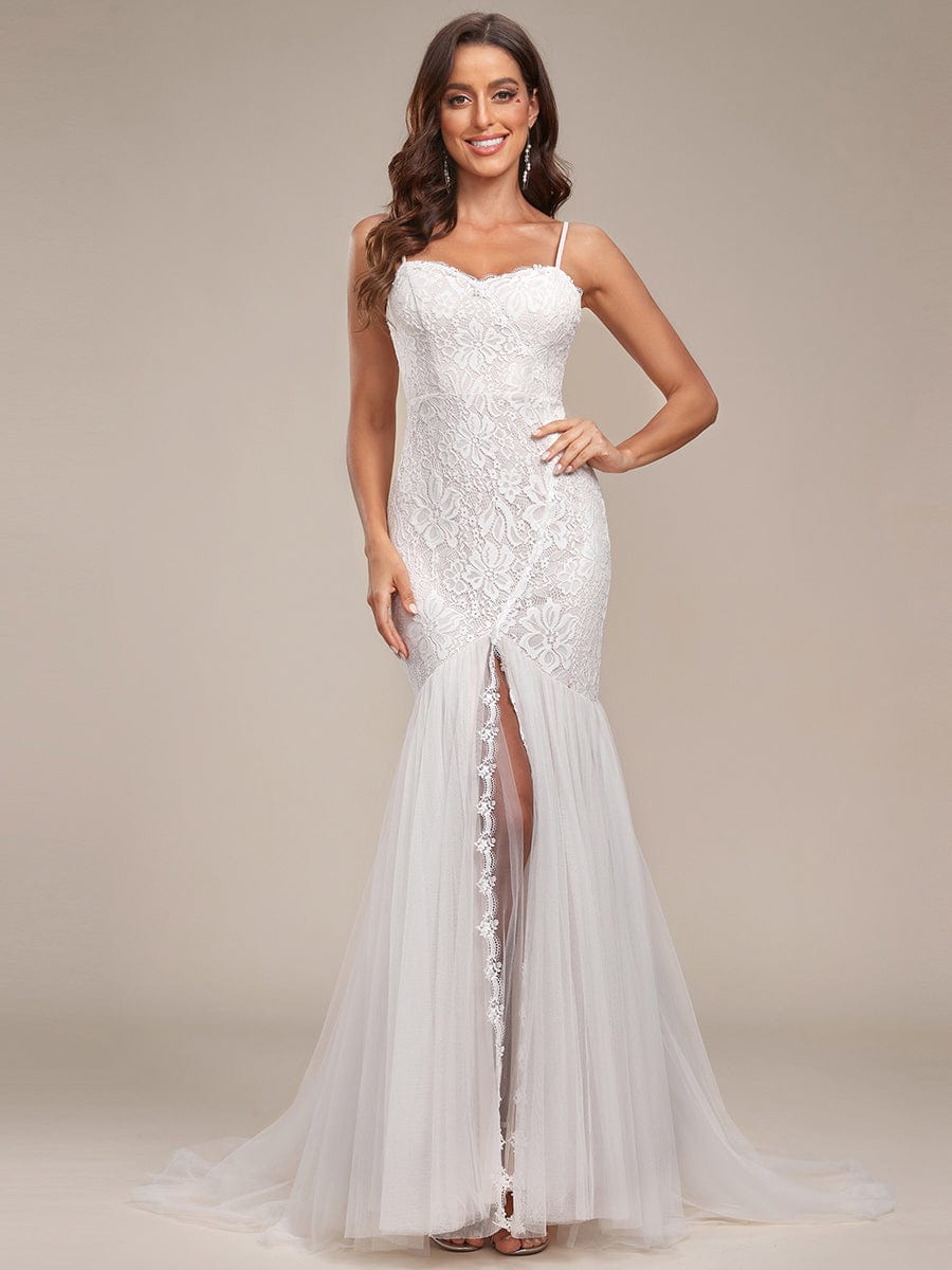 Custom Size Floral Spaghetti Strap Lace Backless Long Mermaid Wedding Dress