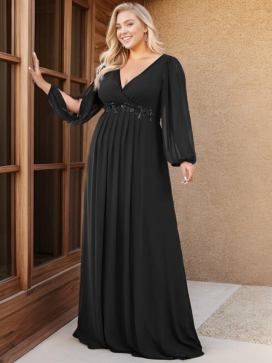 Stylish Plus Size Chiffon Formal Evening Dresses with Long Lantern Sleeves #color_Black