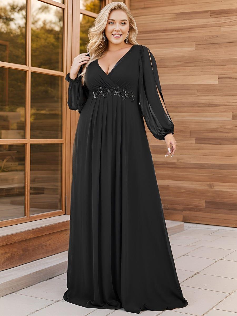 Stylish Plus Size Chiffon Formal Evening Dresses with Long Lantern Sleeves #color_Black