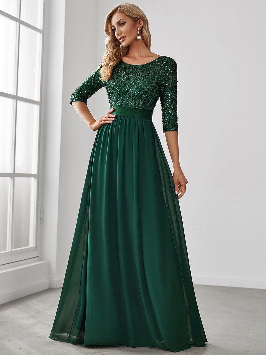Sequin Round Neckline Dress with Chiffon #color_Dark Green 
