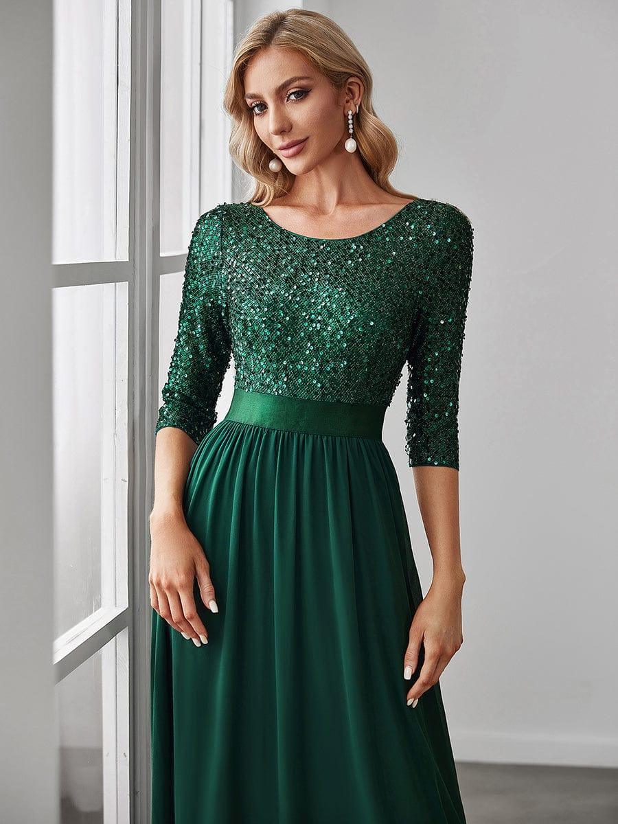 Sequin Round Neckline Dress with Chiffon #color_Dark Green 