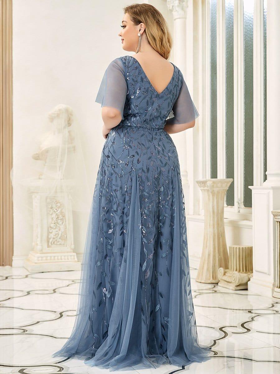 Elegant Ruffle Sleeves Maxi Sequin Mother of the Bride Dress #color_Dusty Blue