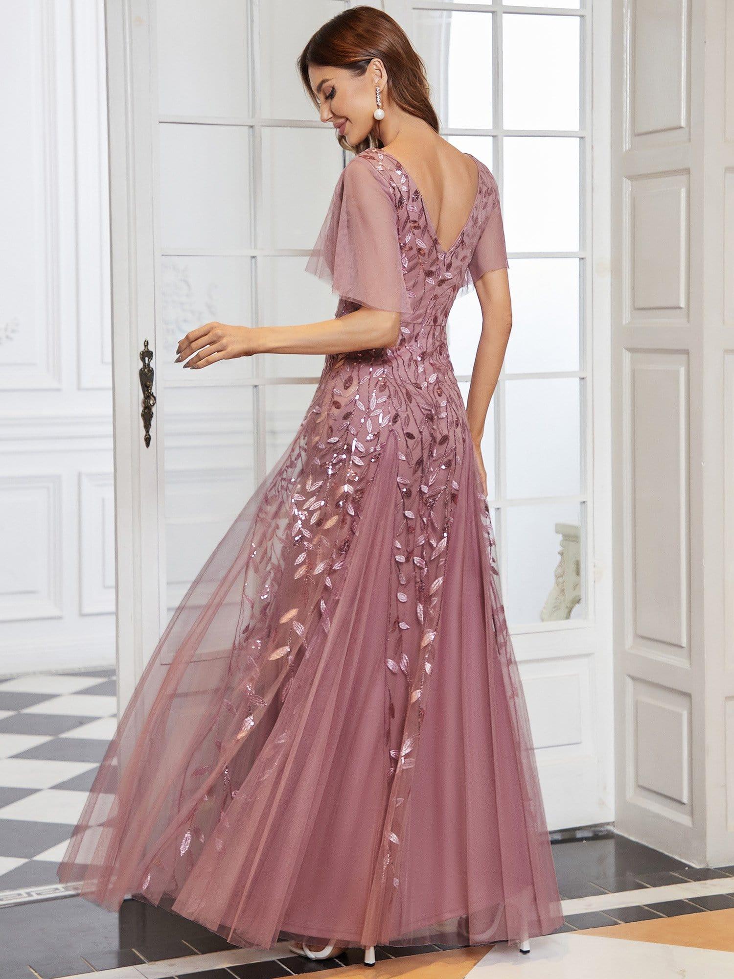 Elegant Ruffle Sleeves Maxi Sequin Mother of the Bride Dress #color_Purple Orchid 