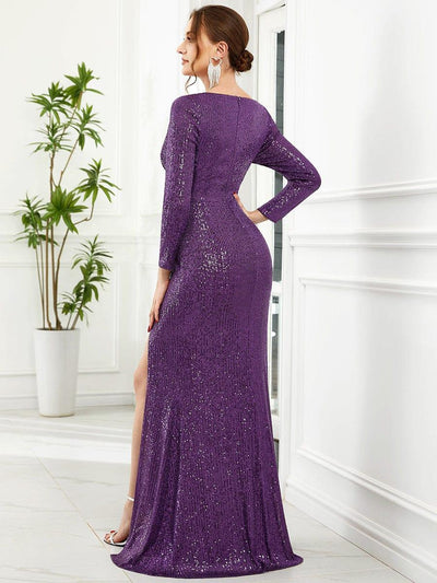 Shiny V Neck Sequin Long Sleeves Evening Dress #color_Dark Purple