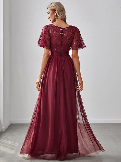 Women's A-Line Sequin Leaf Maxi Prom Dress with Sleeves #color_Burgundy
