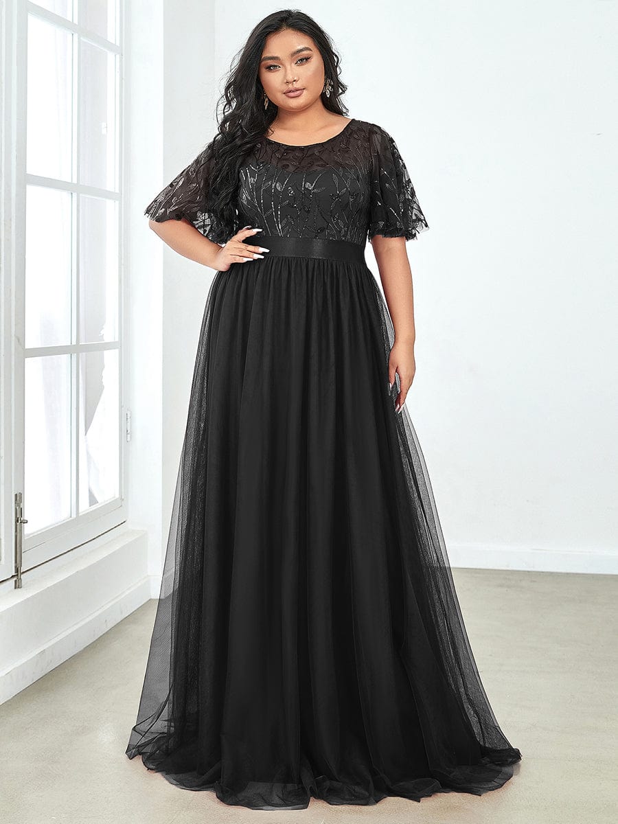 Plus Size Sequin Bodice Long Formal Evening Dresses #color_Black