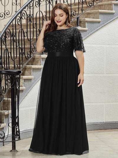 Plus Size Women's Embroidery Evening Dresses with Short Sleeve #color_Black 