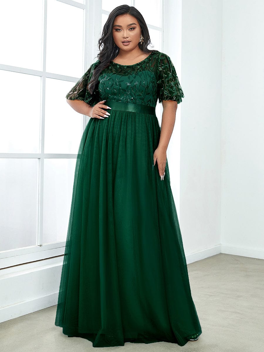 Plus Size Sequin Bodice Long Formal Evening Dresses #color_Dark Green