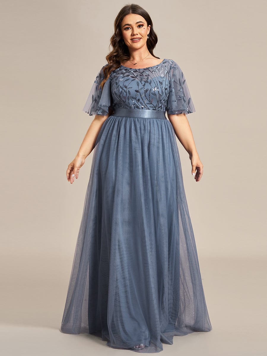 Plus Size Sequin Bodice Long Formal Evening Dresses #color_Dusty Navy