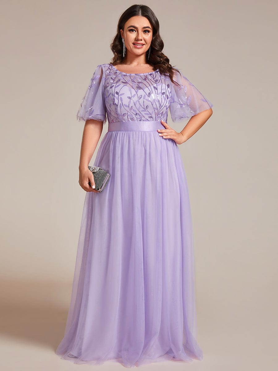 Plus Size Women's Embroidery Evening Dresses with Short Sleeve #color_Lavender