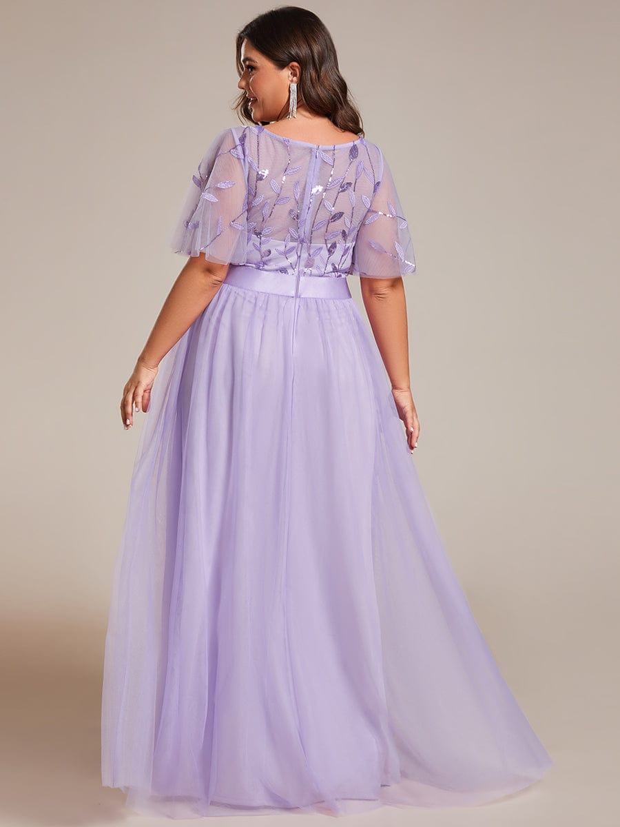 Plus Size Women's Embroidery Evening Dresses with Short Sleeve #color_Lavender
