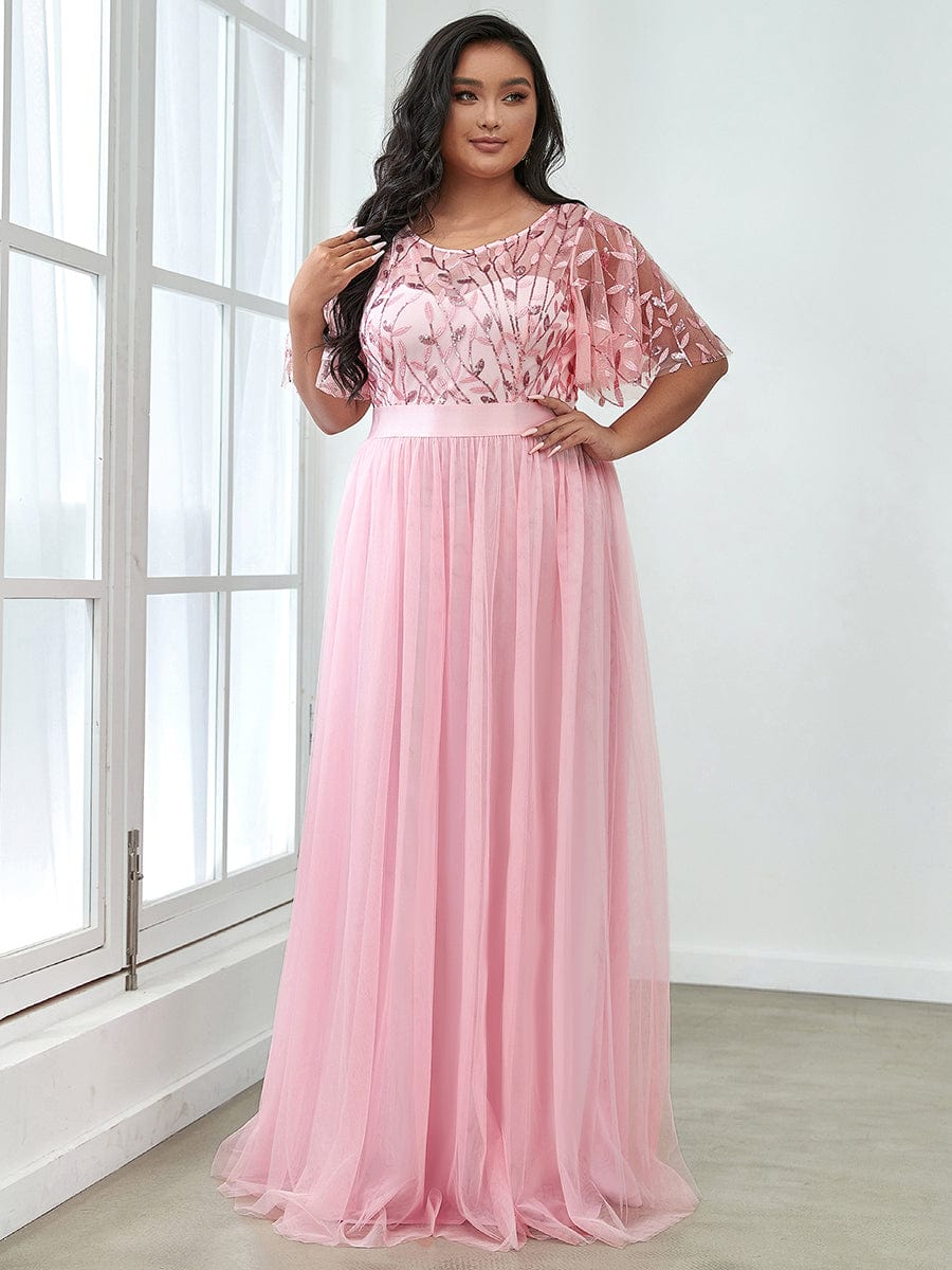 Plus Size Sequin Bodice Long Formal Evening Dresses #color_Pink